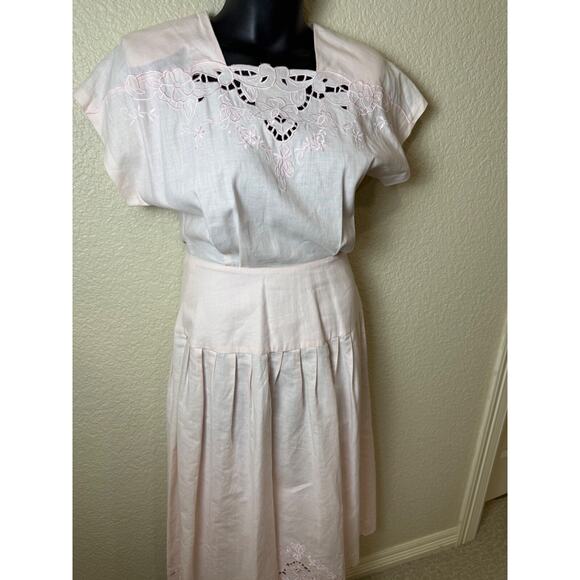 Talbots Embroidered Lace Eyelet Linen Blend Pale Pink Drop Waist Dress 6 8 Vtg - Picture 7 of 8